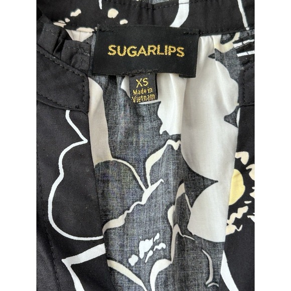 Sugarlips Dixie Split Neck Dress XS NWOT Black Taupe Floral Cotton Pockets Mini - Picture 5 of 7